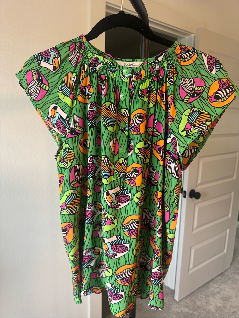 Tucker Lime Green Tropical Bird Print Blouse
